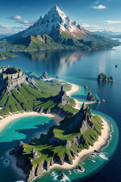 The Imperium Archipelago is made up of 6 main islands, arranged in a circular shape in the middle of a vast ocean. Each island has distinct geographic characteristics, reflecting the nature and culture of its inhabitants.
1. Ilha de Serenitas:
- An island covered in lush green forests and gentle mountains, with crystal clear valleys and rivers.
- To elven capital, Eldarhome, is in the center of the island, surrounded by a sacred forest.
- South, there is a snowy mountain range, home of the unicorns.
2. Ironpeak Island:
- An island dominated by towering rocky mountains and imposing glaciers.
- The dwarven fortress of Ironforge is nestled in the heart of a mountain range.
- At North, there is an active volcano, the source of metal and minerals for the dwarves.
3. Grimhold Island:
- An island covered in dark forests and fetid swamps, with volcanic peaks in the background.
- A capital orc, Grimhold, is located on a plateau surrounded by imposing walls.
- To the east, there is an ancient battlefield, where the trolls patrol.
4. Dragonsreach Island:
- An island dominated by rugged mountain ranges and deep valleys.
- Not center, there is an immense volcanic peak, home of the Dragon Empire.
- Around, there are smaller islands where elemental wyverns make their nests.
5. Ilha de Gianthold:
- An island with snow-capped mountain peaks and ancient coniferous forests.
- The capital of giants, Stormhold, is built in a huge crater.
- South, there is a deep gorge, where stone elementals nest.
6. Ilha de Sanctum:
- An island with vast plains, gentle hills and temperate forests.
- A cidade-estado de Sanctum is in the center of the island, with an imposing fortress.
- At North, there is a chain of rocky peaks, the home of griffins and hippogriffs.