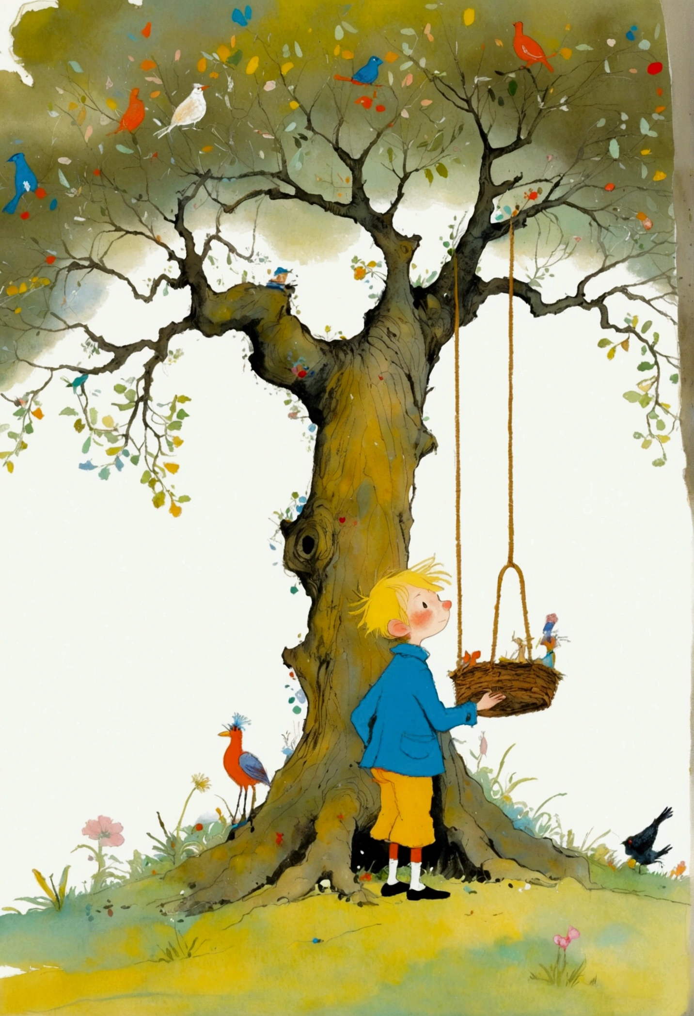 A boy standing in front of a tree，There is a swing on the tree, A painting by Quentin Blake, Pixel, Magical Realism, Lanmac, illustration!, Richard Amsel, Illustration Art, little Prince, style of john blanche, Inspiring Art, Ralph Steadman style, Whimsical Art, The best ever, Ralph Steadman, Mark Davis Artwork