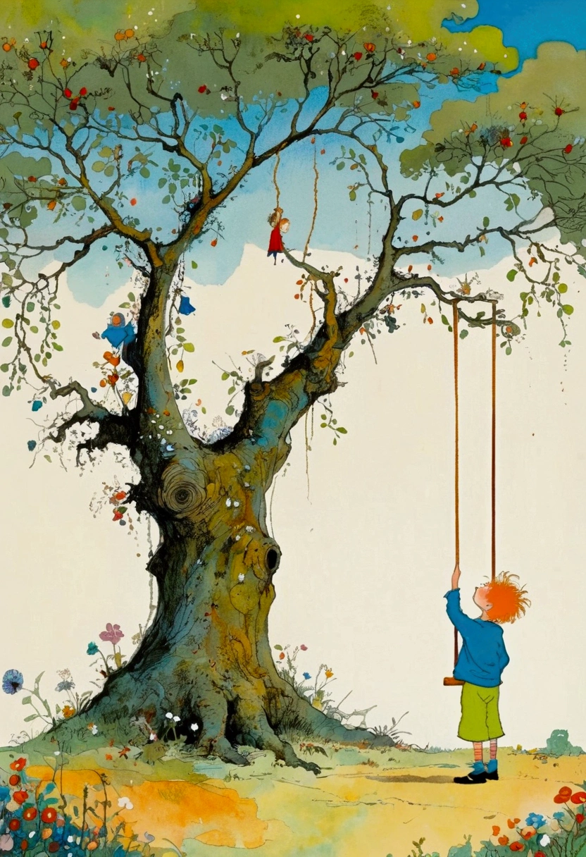 A boy standing in front of a tree，There is a swing on the tree, A painting by Quentin Blake, Pixel, Magical Realism, Lanmac, illustration!, Richard Amsel, Illustration Art, little Prince, style of john blanche, Inspiring Art, Ralph Steadman style, Whimsical Art, The best ever, Ralph Steadman, Mark Davis Artwork