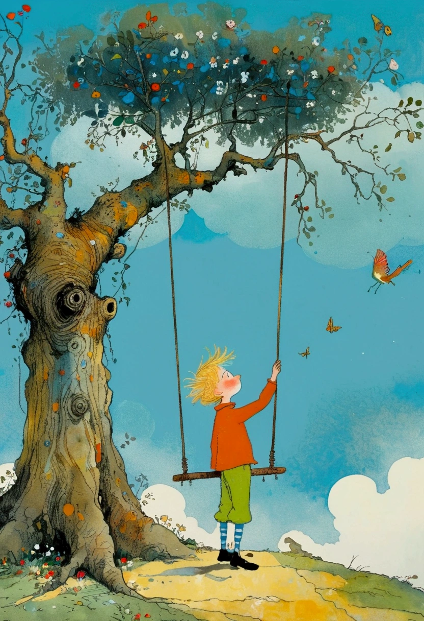 A boy standing in front of a tree，There is a swing on the tree, A painting by Quentin Blake, Pixel, Magical Realism, Lanmac, illustration!, Richard Amsel, Illustration Art, little Prince, style of john blanche, Inspiring Art, Ralph Steadman style, Whimsical Art, The best ever, Ralph Steadman, Mark Davis Artwork