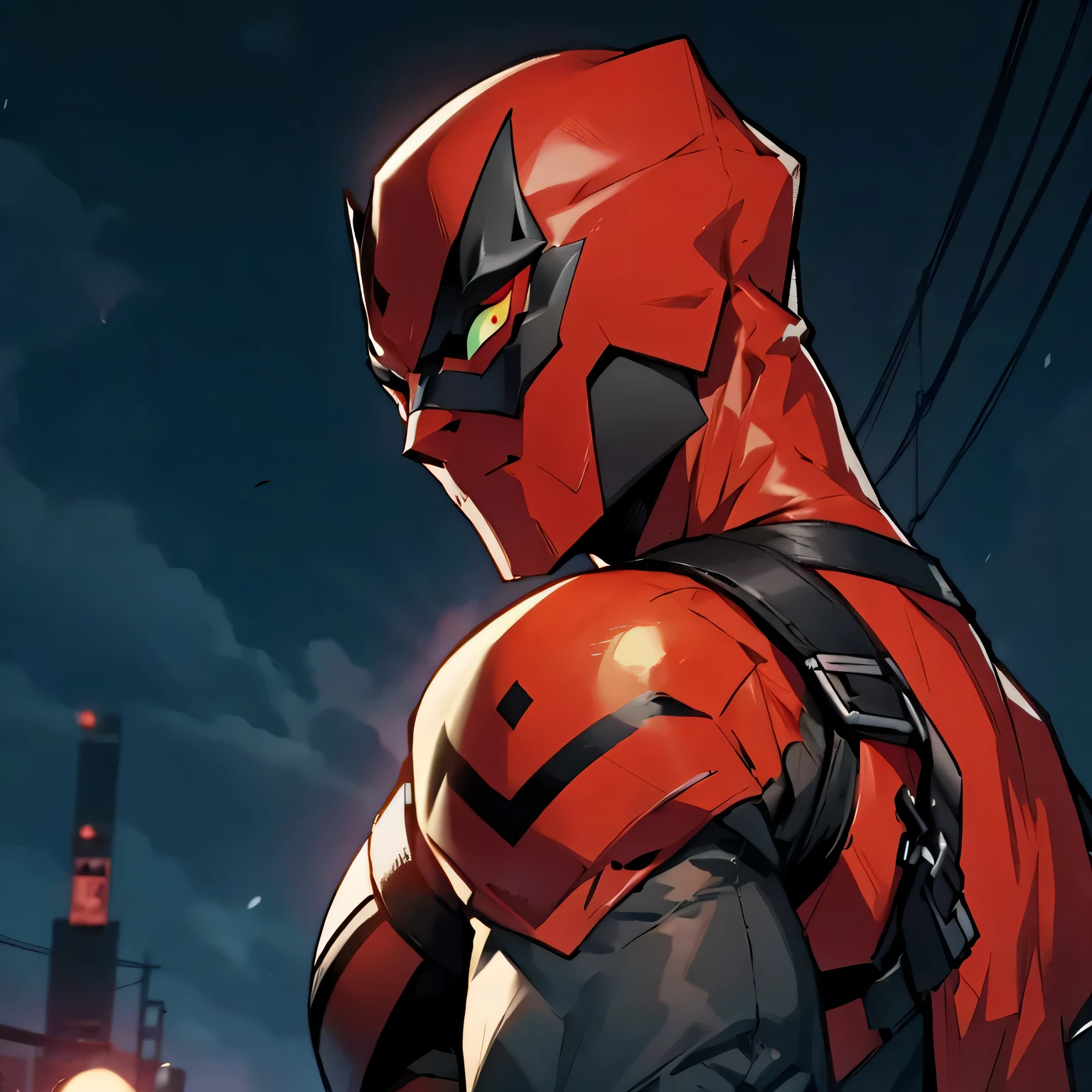shoulders and mask in black, city at night in the background, mask eyes in red, black mask