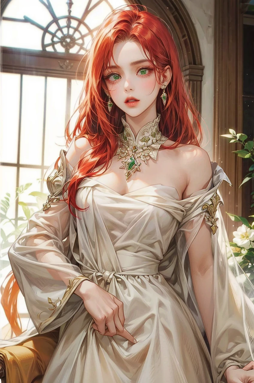 Noble woman, Caucasian skin, long face, greeneyes, red color hair