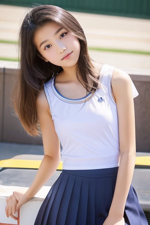 Cute junior high school girls、、Body-fitting sleevelessVNeck white t-shirt、A neat and serious honor student