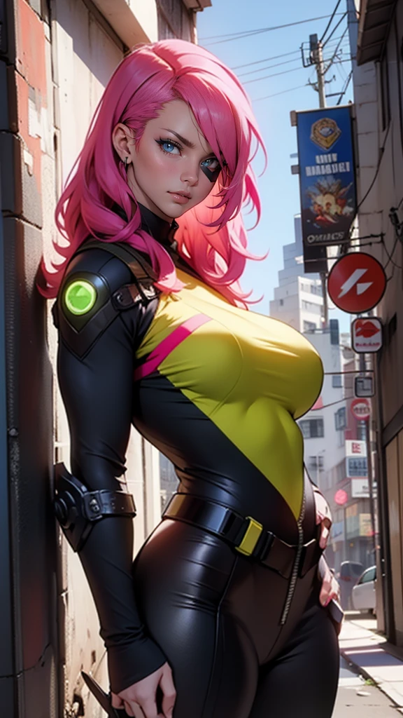 Fake body and , Mature woman in metal rising revengeance body details, foto de busto, big pink hair, shining blue eyes, wearing a mustard yellow jumpsuit, breasts big, looking 35 years old, eye on the spectator, Look to the camera, , the background is a cyberpunk city, revegeance expression, foco no rosto, de frente, foco no busto, riaden armor of metal gear rising, busty woman, eyeshield