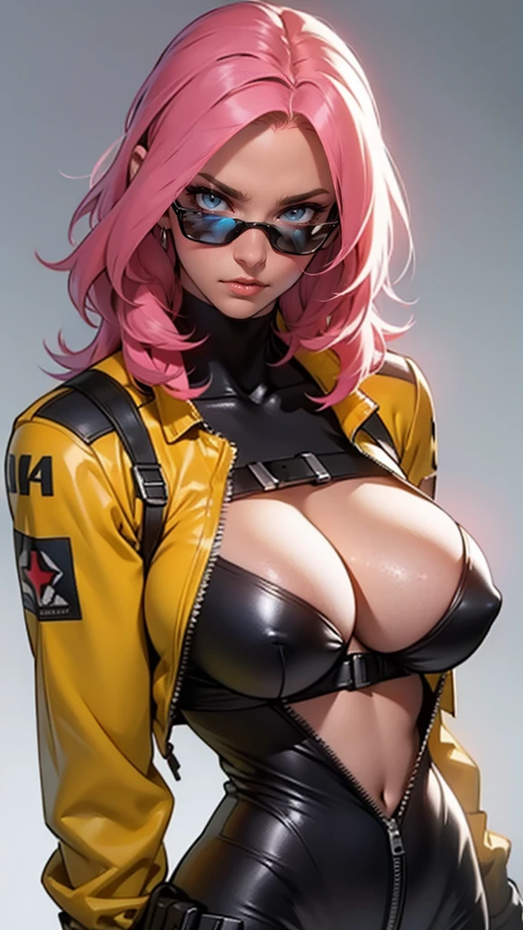 Fake body and , Mature woman in metal rising revengeance body details, foto de busto, big pink hair, shining blue eyes, wearing a mustard yellow jumpsuit, breasts big, looking 35 years old, eye on the spectator, Look to the camera, , the background is a cyberpunk city, revegeance expression, foco no rosto, de frente, foco no busto, riaden armor of metal gear rising, busty woman, eyeshield