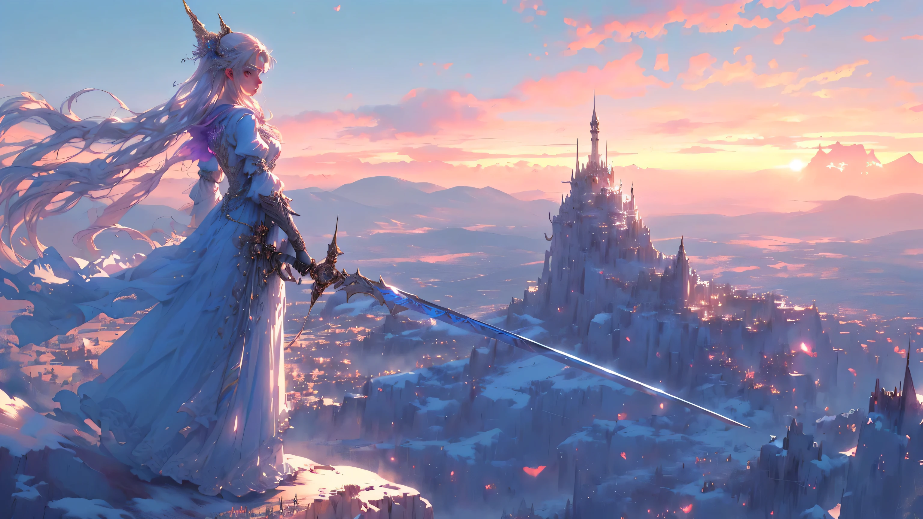 A woman in a long dress stands on a mountain with a sword, In front of a fantastic city, 2. 5d cgi anime fantasy artwork, Elegant cinematic fantasy art, highly detailed fantasy art, 4K fantasy art, detailed fantasy art, Marc Simonetti and Sakimicha, final fantasy artwork concept, High fantasy concept art, Beautiful concept art