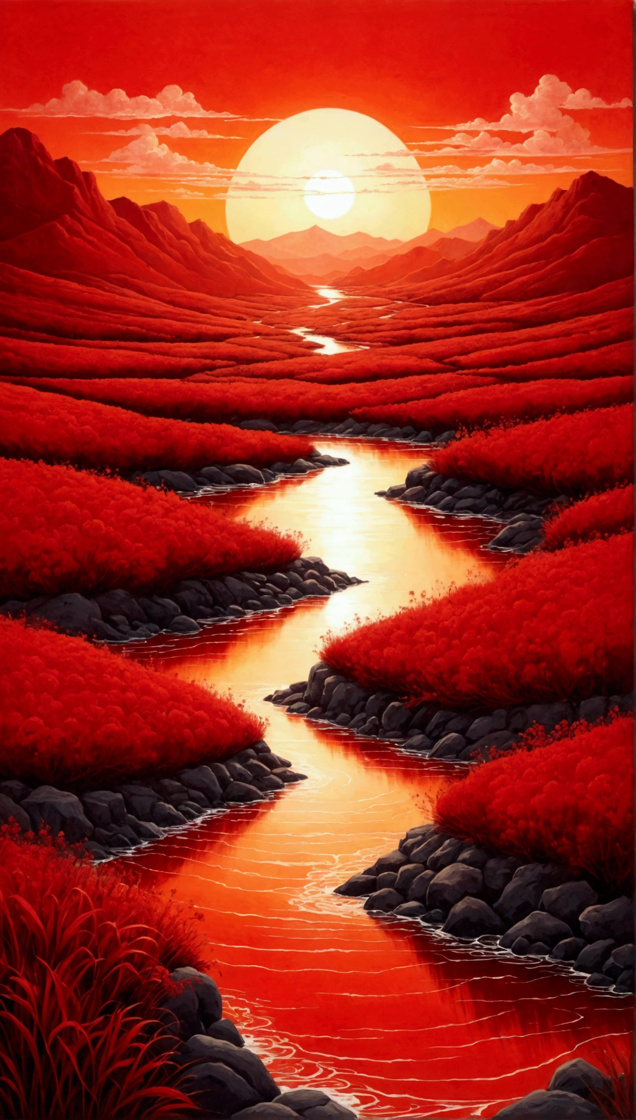 Artwork with gradation, which is neither watercolor nor oil painting, best quality, superfine, 16K, extremely detail, 2.5D, delicate and dynamic, white line drawings on red background, sunset landscape