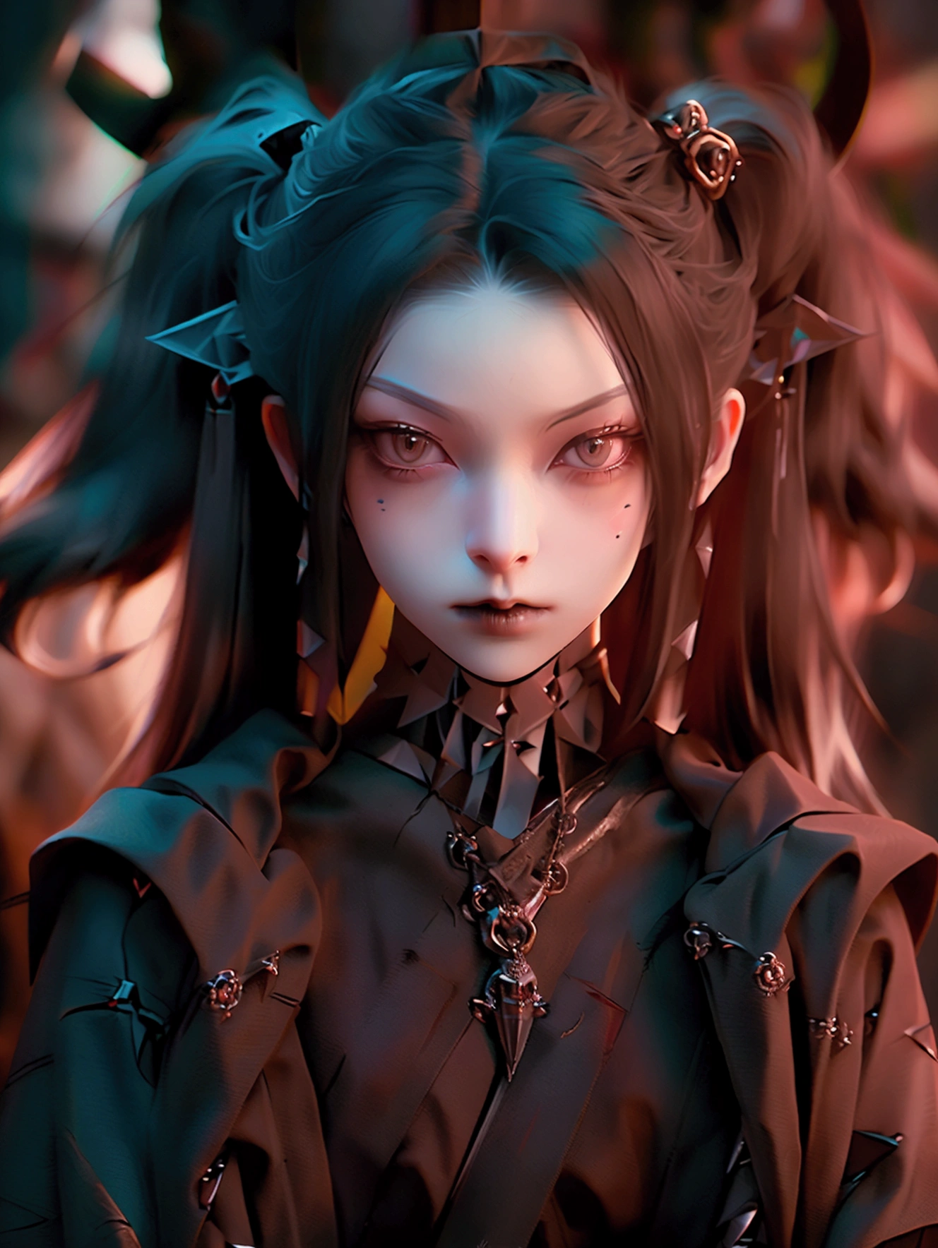 (high quality: 1.3), Cinematic shots, masterpiece, (Sharp focus: 1.5), (Realistic: 1.3),Image color: black and yellow, Medium size portrait (Beautiful young vampire woman, Pale skin, Gothic, Still proud、intense, Loose and fluffy black twin tails,Long Hair, Dark look, Wearing a very detailed dark tunic, Dark atmosphere, but、Sculpting shapes with chiaroscuro), that&#39;night, (Highly detailed skin), (Detailed face),  Detailed Background, Dim lighting, dusk lighting, Volumetric lighting, Intricate details, Ultra-high resolution,