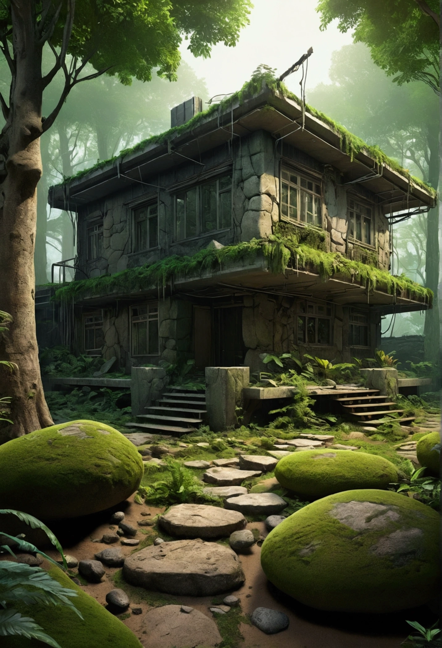 cyberpunk, inside, There is a dense primeval forest with many photographs of old house constructions., cyberpunk, inside, there are many stones, lush green forest background, thick tree background, big meadow, sand bottom, game background, exaggerated forest background, cartoon style
