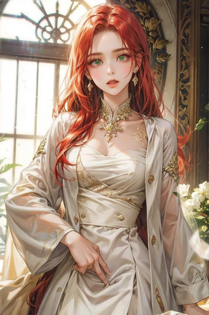 Noble woman, Caucasian skin, long face, greeneyes, red color hair