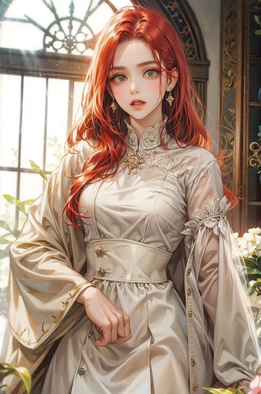 Noble woman, Caucasian skin, long face, greeneyes, red color hair