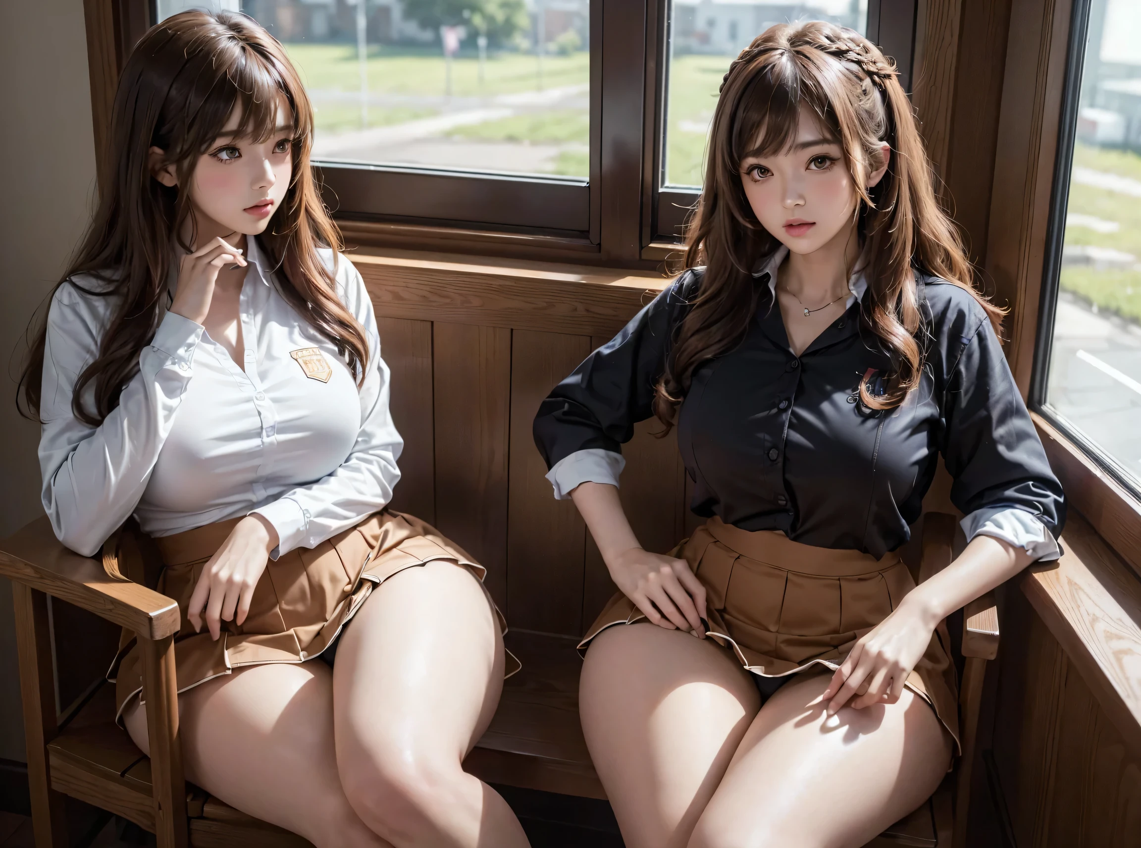 Ultra-detailed complex 3D rendering of faces、(masterpiece、top-quality、octan render, 8k , 2 girls, , seifuku, long brown curly hair bangs, class room scenery, crowded people, sitting, big hips, big thighs, looking on a cellphone, with soft focus on the image,