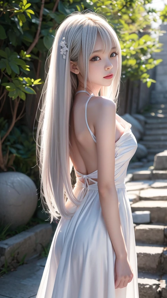 5 years old,girl,Japanese,Slender figure,Long straight white hair,White dress,Hair length reaches down to the middle of the back,Bangs are heavy,Egg-shaped contour,Parallel eyebrows,Slightly droopy eyes,An elegantly rounded nose,Cold lips,Lips are a little thin,Realistic skin texture,8k,masterpiece,photo shoot,Raw photo,Highest quality,Genuine,mysterious,wonder
