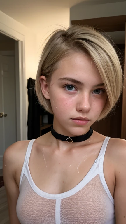  18 yo blonde teen girl . Full lips. Eyes wide.  (((Very short hair))),  well-trained body, ((sweaty skin)), choker,