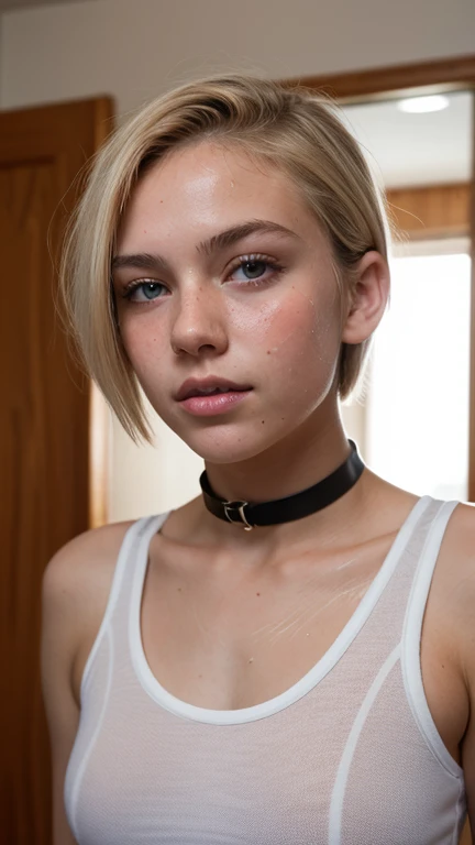 18 yo blonde girl . Full lips. Eyes wide. (((Very short hair))), well-trained body, ((sweaty skin)), choker,