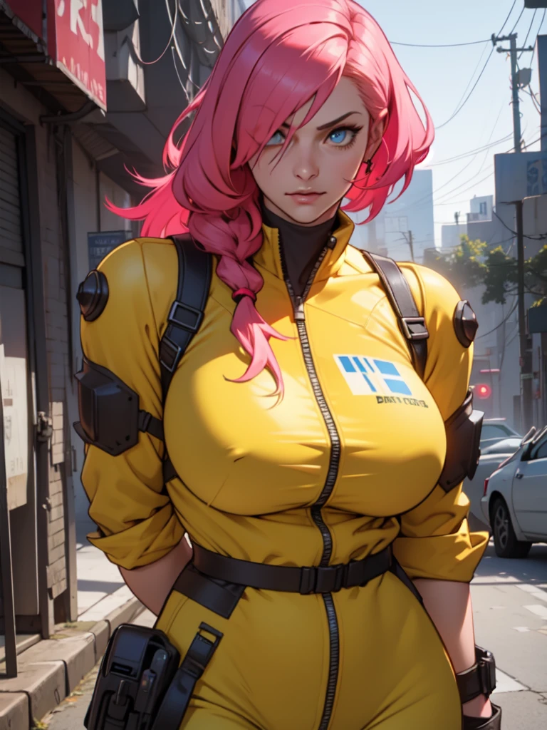 Fake body and , Mature woman in metal rising revengeance body details, foto de busto, big pink hair, shining blue eyes, wearing a mustard yellow jumpsuit, breasts big, looking 35 years old, eye on the spectator, Look to the camera, , the background is a cyberpunk city, revegeance expression, foco no rosto, de frente, foco no busto, riaden armor of metal gear rising, busty woman, eyeshield
