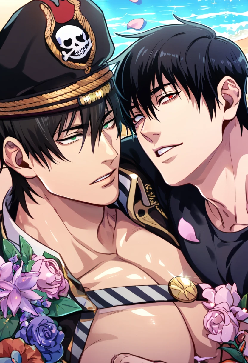 absurdres, highres, ultra detailed, HDR, master piece, best quality, Fushiguro Touji, black hair, expressive green eyes, Jujutsu Kaisen, Quincy, black hair, hair between the eyes, expressive red eyes, two sexy men together, yaoi, gay couple, handsome, horny, black hat, fantasy black pirate clothes, accessories, showing the chest, beach, sea, petals, flowers, Nu Carnival