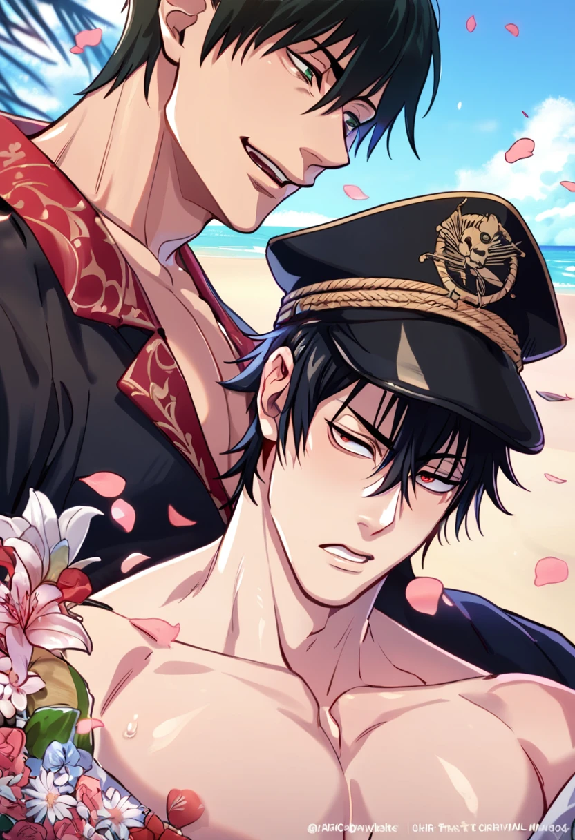 absurdres, highres, ultra detailed, HDR, master piece, best quality, Fushiguro Touji, black hair, expressive green eyes, Jujutsu Kaisen, Quincy, black hair, hair between the eyes, expressive red eyes, two sexy men together, yaoi, gay couple, handsome, horny, black hat, fantasy black pirate clothes, accessories, showing the chest, beach, sea, petals, flowers, Nu Carnival