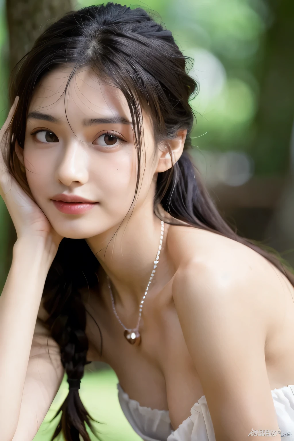 ((Highest quality, 8k, masterpiece: 1.3)), sharp: 1.2, Perfect Body Beauty: 1.6, ((Layered Hairstyles, Small breasts: 1.0)), ((forest)), Perfect Eyes, (((ponytail))), ((topless)), ((necklace)), Earrings, ring, Bracelet, Hair Accessories, ((Beautiful young ager woman)), ((Straight nose)), (Eyeliner), Armpit Hair, Bristles, ((Beautiful Skin)), ((Sitting on a chair with legs aligned)), Wavy Hair, Beautiful attention to detail, Super detailed, Highly detailed face and skin texture, fine grain, double eyelid, Black Hair, Big Ass, Lower Body, Thighs, (((Skinny))), Wet and shiny lips, smile, Blushing, Get a grip on your body, ((Anatomically correct human body)), ((Crisp body shape)), Ribs, clavicle, Protruding skeleton, A face without nasolabial folds