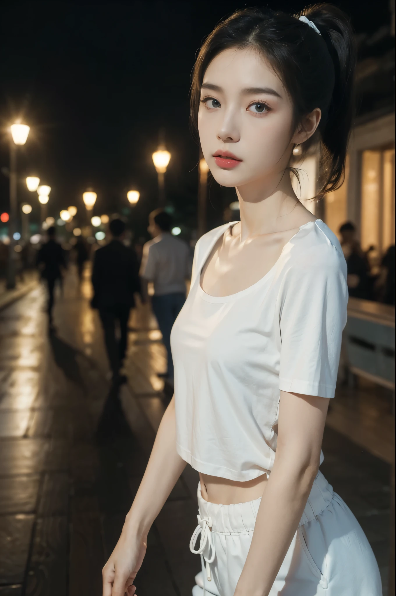 (((best quality))),(((ultra detailed))),(((masterpiece))),illustration,((1 beautiful girl,solo)),(short ponytail:1.2),((slim,thin)),((small breasts,flat chest)),(summer night:1.3),((dimly lit courtyard, high-rise residential community)),(white short-sleeved T-shirt:1.3),(light blue shorts:1.2),(slender legs:1.2), youthful charm, vibrant energy, sleek hair, bright eyes, smooth skin, fair complexion, curiosity, adventure, graceful collarbones,concrete ground, streetlights, yellowish glow, tall buildings, shadows, eerie atmosphere, confident demeanor, ease, solitude, beauty, life, warm presence,((from front,upper body))