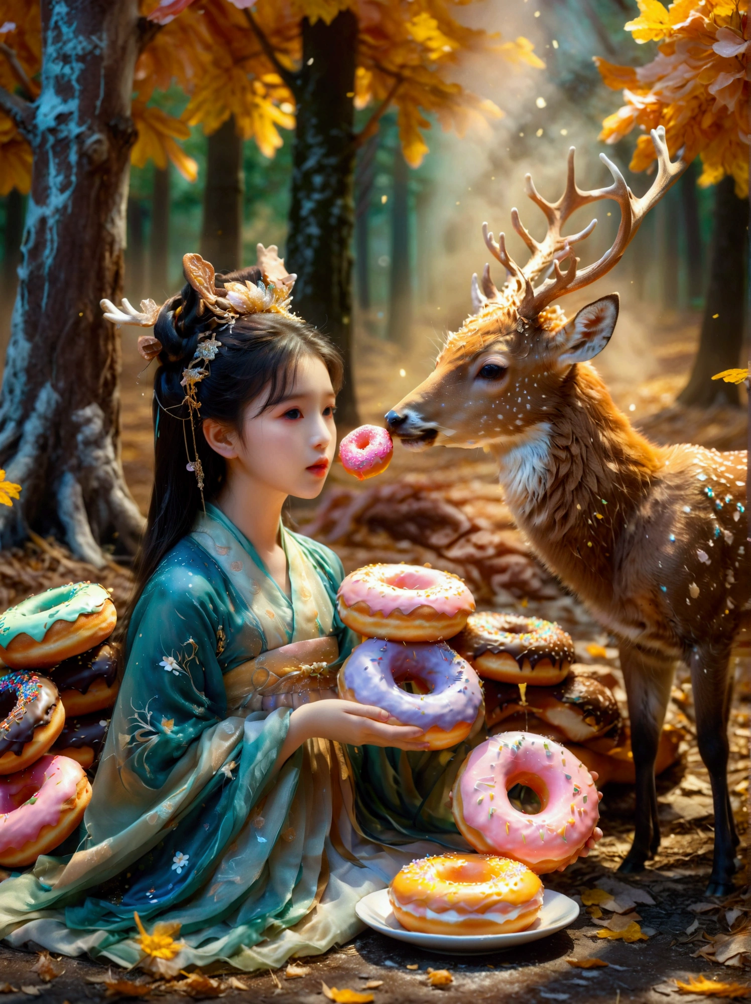 Surreal photos，Nine-Colored Deer Guardian，High-resolution photos，The beautiful nine-colored deer in mythology，A peaceful and dreamy scene，A  girl in Hanfu sits next to a mysterious nine-colored deer，(((Eating donuts)))，Donut crumbs fell on the ground，Bitten donut，Detailed donut eating action，The littleis very cute，Detailed facial details，The background is a magical forest full of spirituality，Create a soft and ethereal atmosphere。The overall composition is beautiful