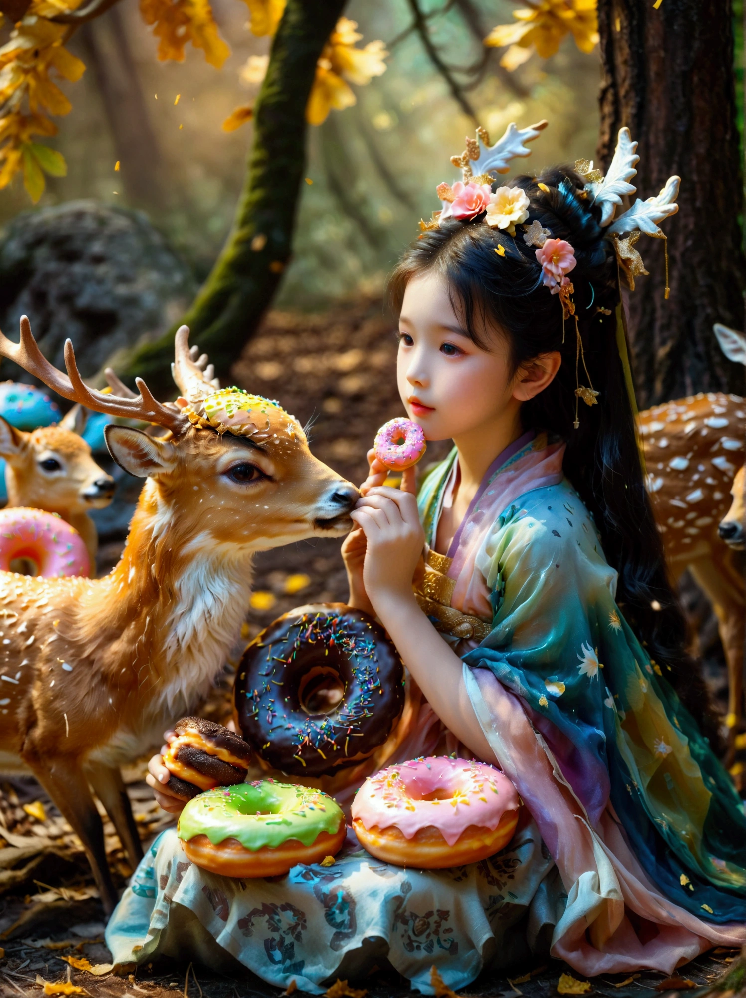 Surreal photos,Nine-Colored Deer Guardian,High-resolution photos,The beautiful nine-colored deer in mythology,A peaceful and dreamy scene,A in Hanfu sits next to a mysterious nine-colored deer,(((Eating donuts))),Donut crumbs fell on the ground,Bitten donut,Detailed donut eating action,The little girlte,Detailed facial details,The background is a magical forest full of spirituality,Create a soft and ethereal atmosphere。The overall composition is beautiful