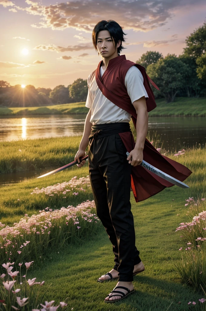 super high resolution,best quality,Photos,4k zuozhu,weapon,solo,1boy,uchiha sasuke,sword,male focus,holding,black hair,holding weapon,holding sword,simple background,rope,sandals,closed mouth,full body,toeless footwear,standing,black pants,katana,sheath,black eyes,pants,white background,shirt,red shirt,hair between eyes,short sleeves,bangs,beautiful and delicate water, the finest grass, very delicate light, nature, painting, water spray, breeze, flowers and grass meadow, near the water edge, (sunset, starry sky in a circle), randomly distributed clouds, river, splashing water, falling petals,