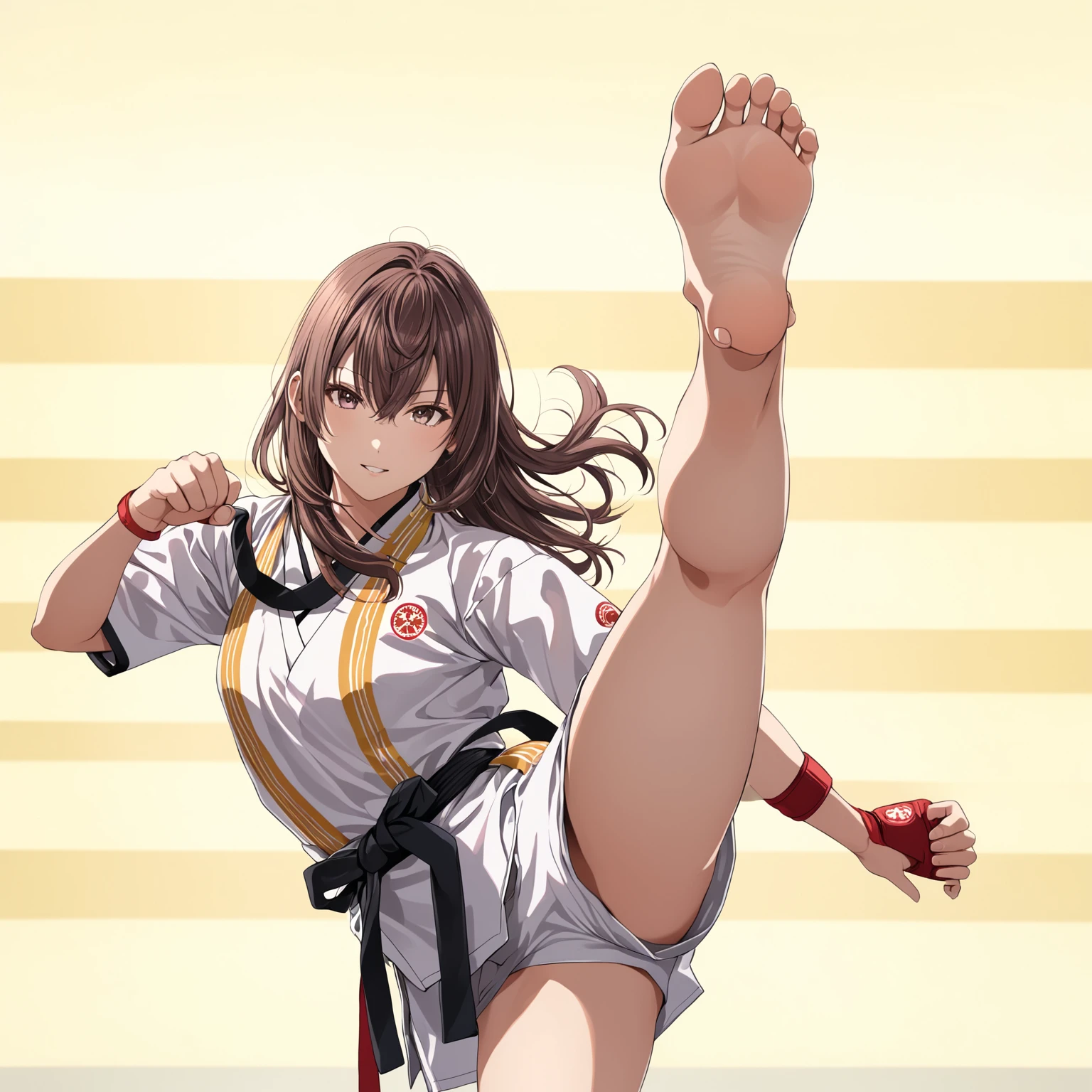 (in style of Takeshi Obata:1.3), suou yuki, brown hair, wearing karate uniform with short sleeves, wearing sports shorts, standing on one leg, high kick, barefoot, accurate foot, accurate hands, barehands, fighting pose, martial arts, in a dojo, perfect proportions, full body portrait of a girl, (best quality,8K,high resolution,ultra-detailed,masterpiece)