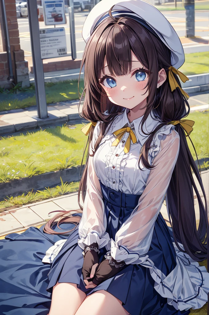  (***********:1.3), hinatsuru ai, blue eyes, dark hair, brown hair, absurdly long hair, ahoge, twintails, blue and white dress, yellow ribbon, white berets, smile, blush, wariza, masterpiece,Noise Reduction,perfect anatomy,high resolution, ultra-detailed, ultra-detailed face,game cg,dutch angle ,beautiful detailed eyes,visualart,five fingers, perfect hands, perfect lighting, sparkling pupils,