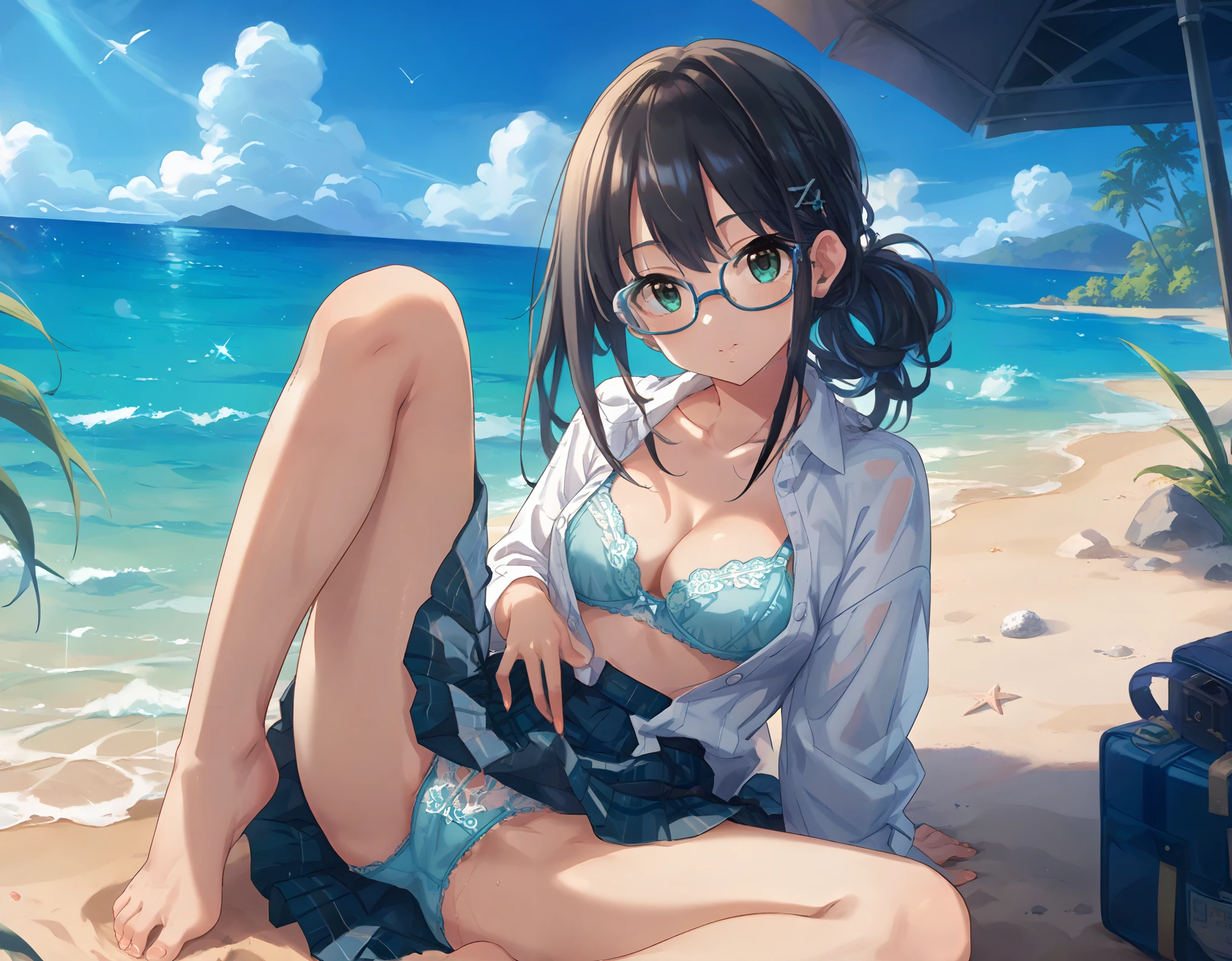 A white shirt with all the buttons fastened、A blue bra is faintly visible through her buttoned up white shirt.、Blue flared skirt、She lifts her skirt to reveal her cute white lace underwear、Spread your legs、A girl with long, shiny black hair and glasses、barefoot、whole body、Sandy beach and blue sky