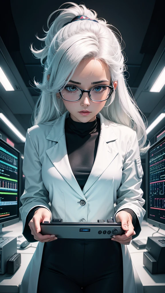 Create a 1980s anime cartoon-style image that shows a young, beautiful, bespectacled woman with white hair. She must be wearing a white coat over a black blouse and be in a technological laboratory. The woman should be surrounded by modern equipment and control panels, closely observing a screen or technological device with an expression of concentration and interest. The laboratory environment should be well-lit and technologically advanced, with elements such as computers, monitors and scientific instruments visible in the background. The lighting should highlight the contrast between the woman's white coat and the technological environment around her, in the vibrant style characteristic of cartoon anime from the 1980s.