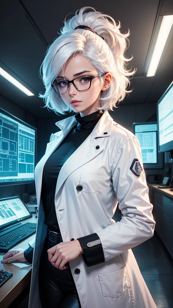 Create a 1980s anime cartoon-style image that shows a young, beautiful, bespectacled woman with white hair. She must be wearing a white coat over a black blouse and be in a technological laboratory. The woman should be surrounded by modern equipment and control panels, closely observing a screen or technological device with an expression of concentration and interest. The laboratory environment should be well-lit and technologically advanced, with elements such as computers, monitors and scientific instruments visible in the background. The lighting should highlight the contrast between the woman's white coat and the technological environment around her, in the vibrant style characteristic of cartoon anime from the 1980s.