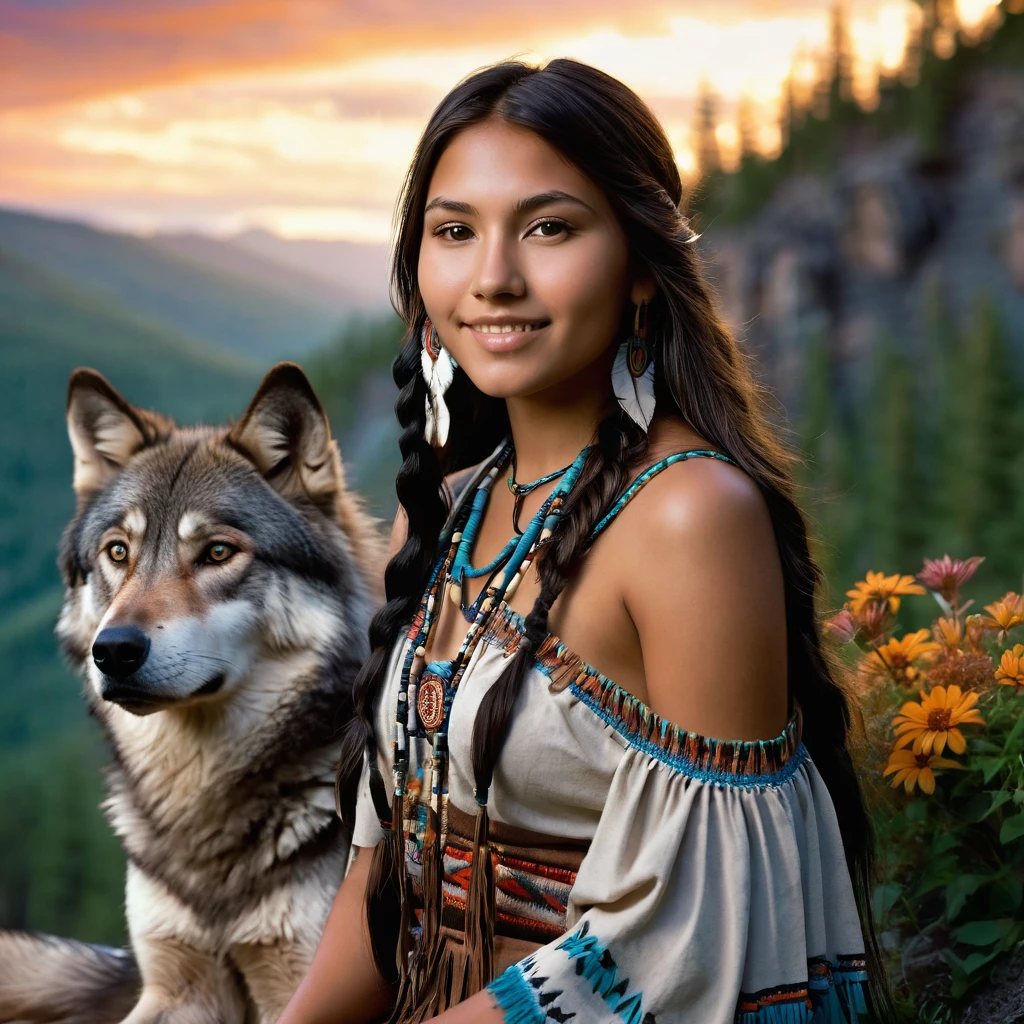 (grainy:0.5), cinematic, beautiful girl 25 year old,native american,fantasy,(solo:1.3), detailed brown eyes, detailed face, detailed native American sexy clothing , volumetric lighting, dusk, extremely detailed background, standing next to forest, mountains, flowers, water fall, smiling, half closed eyes, tilted head, from side, sitting next to her wolf