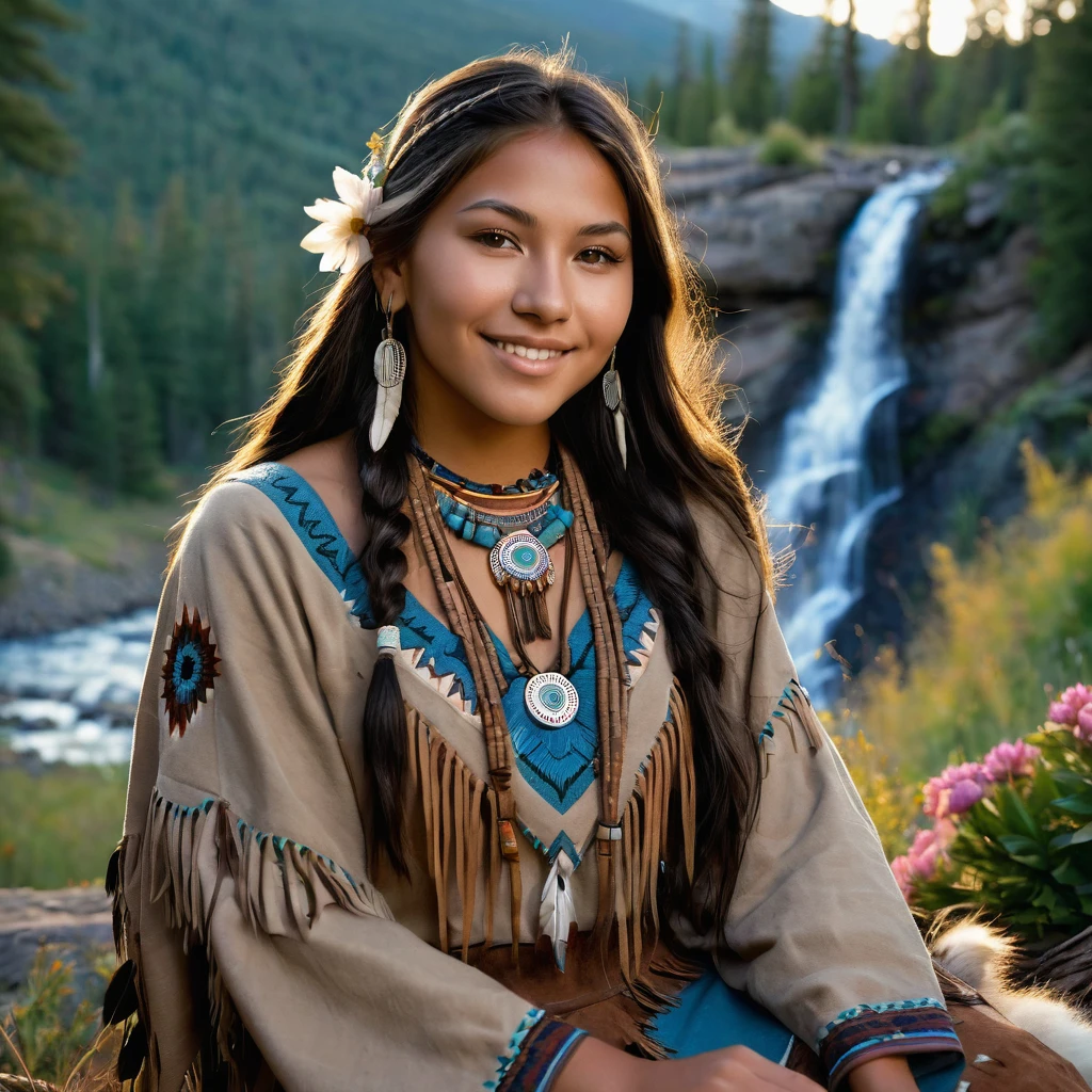 (grainy:0.5), cinematic, beautiful girl 25 year old,native american,fantasy,(solo:1.3), detailed brown eyes, detailed face, detailed native American sexy clothing , volumetric lighting, dusk, extremely detailed background, standing next to forest, mountains, flowers, water fall, smiling, half closed eyes, tilted head, from side, sitting next to her wolf