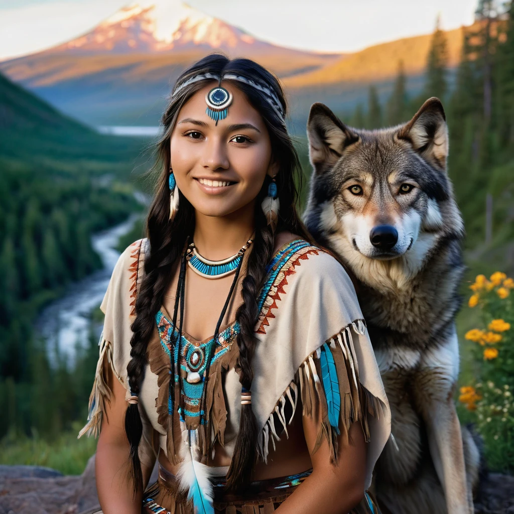 (grainy:0.5), cinematic, beautiful girl 25 year old,native american,fantasy,(solo:1.3), detailed brown eyes, detailed face, detailed native American sexy clothing , volumetric lighting, dusk, extremely detailed background, standing next to forest, mountains, flowers, water fall, smiling, half closed eyes, tilted head, from side, sitting next to her wolf