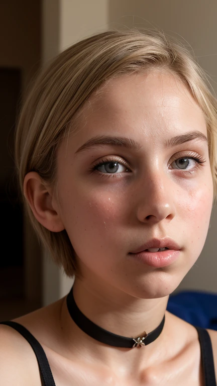  18 yo blonde teen girl . Full lips. Eyes wide.  (((Very short hair))),  well-trained body, ((sweaty skin)), choker,