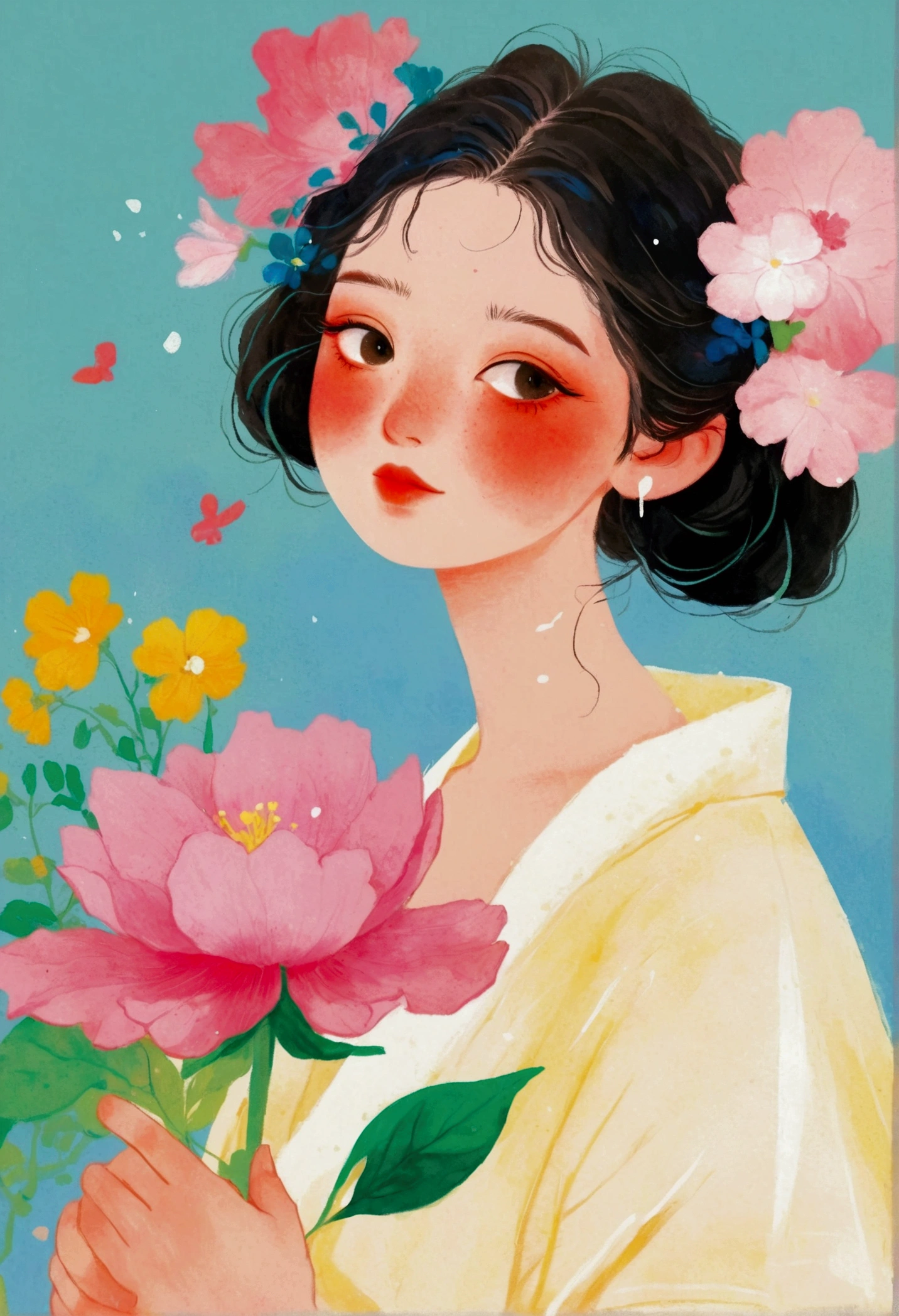 A girl holds a big pink flower in her hands, author：Nobutada Yanagawa, Hiroshi Yamagata, A beautiful artistic illustration, Mei Qing, inspired by Yanjun Cheng, Popular trends on artstration, Beautiful digital illustrations, Li Song, Zhou Fang, Ni Duan, Lovely and detailed digital art, by Eizan This is a gift