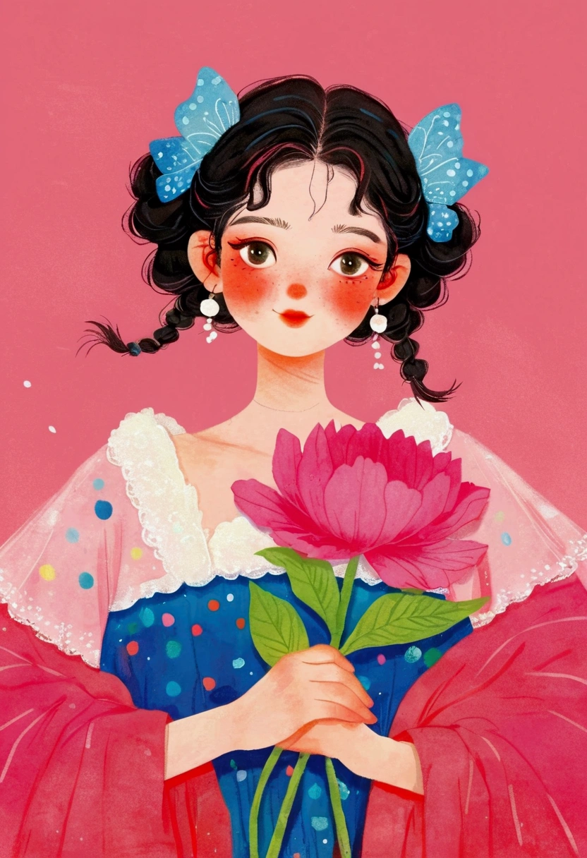 A girl holds a big pink flower in her hands, author:Nobutada Yanagawa, Hiroshi Yamagata, A beautiful artistic illustration, Mei Qing, inspired by Yanjun Cheng, Popular trends on artstration, Beautiful digital illustrations, Li Song, Zhou Fang, Ni Duan, Lovely and detailed digital art, by Eizan This is a gift