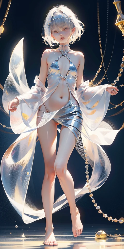 A girl、symmetry,Daughter,whole body female love,Put your hands together and bloom,(Very detailed:1.1),((small :1.2))、The eyes are well drawn、Charming eyes、Double tail、Wear jewelry and pearls around your neck,Transparent openwork、Deep V、Crystal Pearls、在Wear jewelry and pearls around your neck,white hair, show your thighs, Bare shoulders, Show clavicle, Yao Liu, barefoot,((whole body))、painful posture