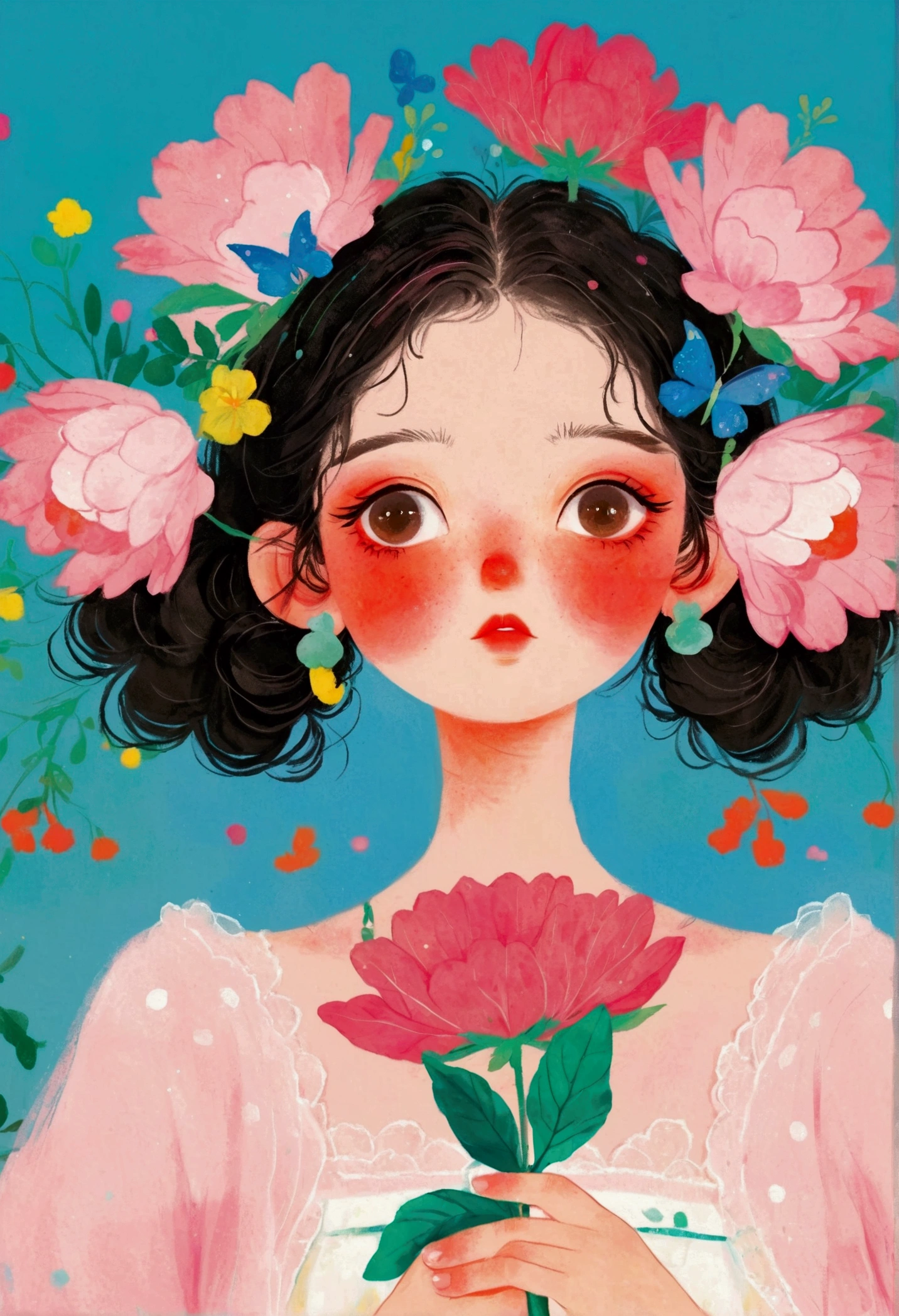 A girl holds a big pink flower in her hands, Nobumasa Yanagawa's Numbers, pixiv, Pop surrealism, A beautiful artistic illustration, Popular trends on artstration, Beautiful digital illustrations, Lovely and detailed digital art, guweiz style artwork, Lovely art style, Produced in collaboration with Anime Painter Studio, Digital Art on Pixiv