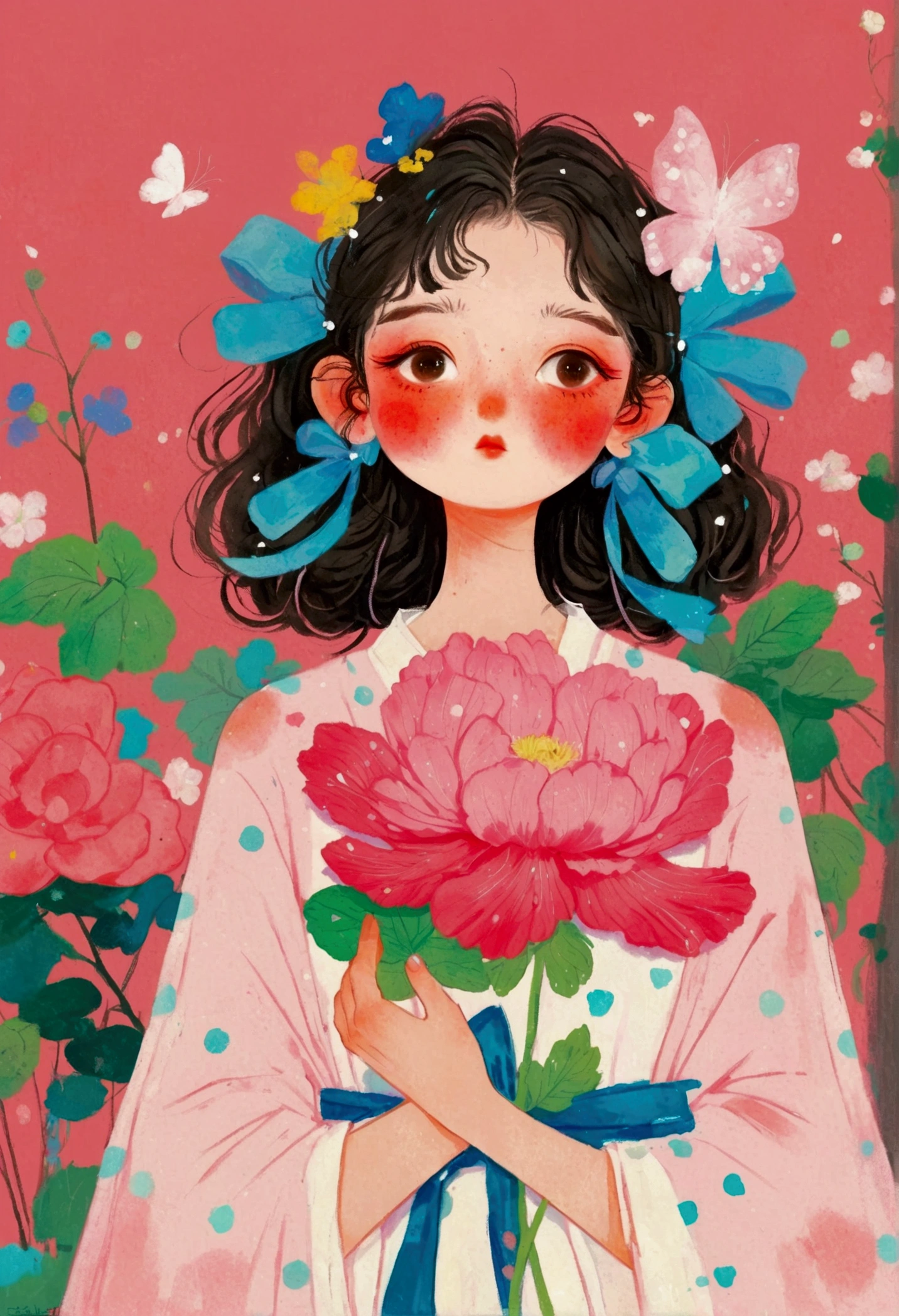 A girl holds a big pink flower in her hands, Nobumasa Yanagawa's Numbers, pixiv, Pop surrealism, A beautiful artistic illustration, Popular trends on artstration, Beautiful digital illustrations, Lovely and detailed digital art, guweiz style artwork, Lovely art style, Produced in collaboration with Anime Painter Studio, Digital Art on Pixiv