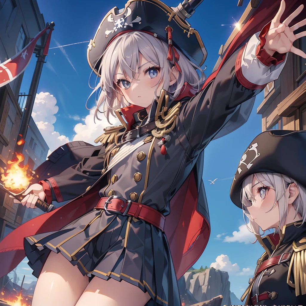 1girl,captain、Viking hat、pirate、(((Highest quality、Masterpiece、Official Art、Super detailed、The best dynamic composition)))、Anime Style、Short grey hair、Black and red coat、Pleated mini skirt、Cowboy Shot、Ready your sword、