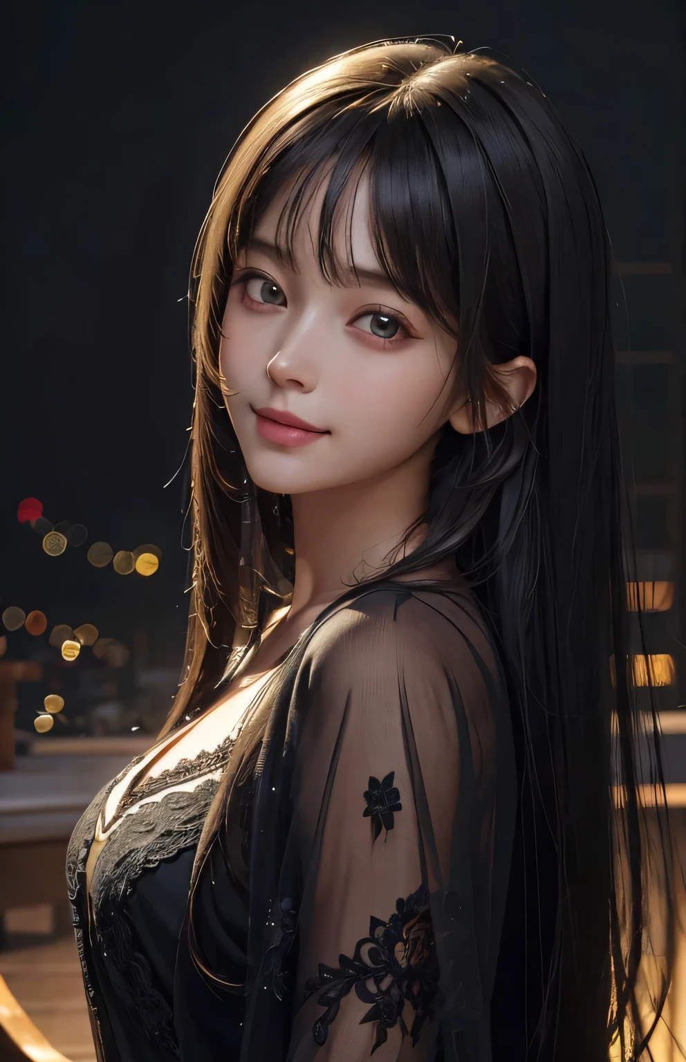 (Ultra Realistic), (Illustration), (Increased Resolution), (8K), (Extremely Detailed), (Best Illustration), (Beautiful and Detailed Eyes), (Best Quality), (Ultra Detailed), (Masterpiece ), ( wallpaper), (detailed face), solo, 1 girl, looking at viewer, fine details, detailed face, in the dark, deep shadows, low key, pureerosfaceace_v1, smiling, long hair, black shawl straight hair , 46 points oblique bangs