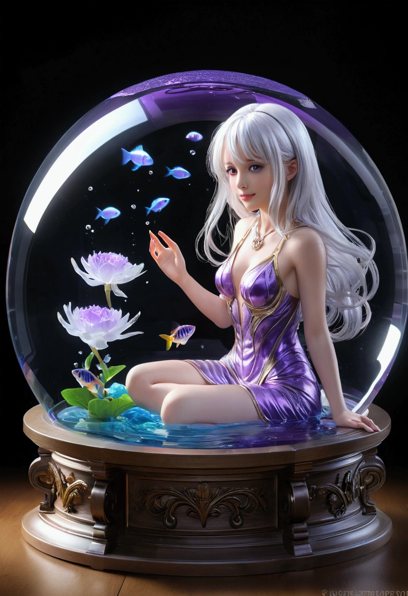 [(Transparent background:1.5)::5],(((masterpiece))),(((best quality))),(((extremely detailed))),illustration, 1girl,solo,mysterious,vivid color,shiny, underwater transparent sealed hemispherical glass dome, (white hair),(purple eyes), full body,barefoot,long hair tranquil nature, koi,Underwater, Dome,close up,Dynamic actions,Lens perspective,(((Box composition))),sit cross-legged and lean against the bookshel, volumetric lighting, multi-color eyes, detailed eyes, hyper detailed,light smile, highly detailed, beautiful, small details, ultra detailed, best quality, intricate, 4k, 8k, trending on artstation, good anatomy, beautiful lighting, award-winning,