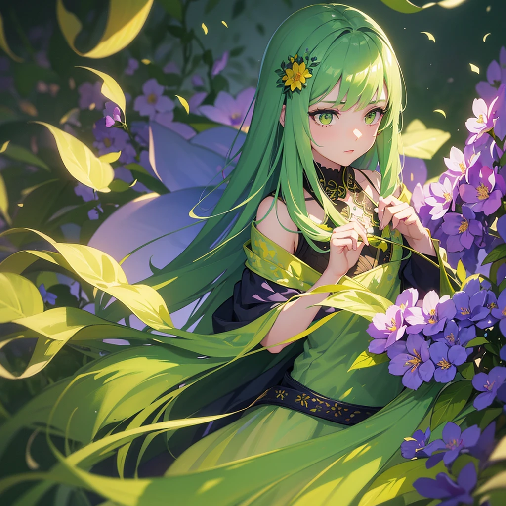 a beautiful girl with violet flower petals for hair, yellow tips, yellow-green eyes, delicate green skin with leaves on her wrists, 1girl, detailed face, intricate floral design, vibrant colors, fantasy, ethereal, digital art, highly detailed, 8k, photorealistic, masterpiece, professional digital illustration, volumetric lighting, cinematic composition, dramatic atmosphere