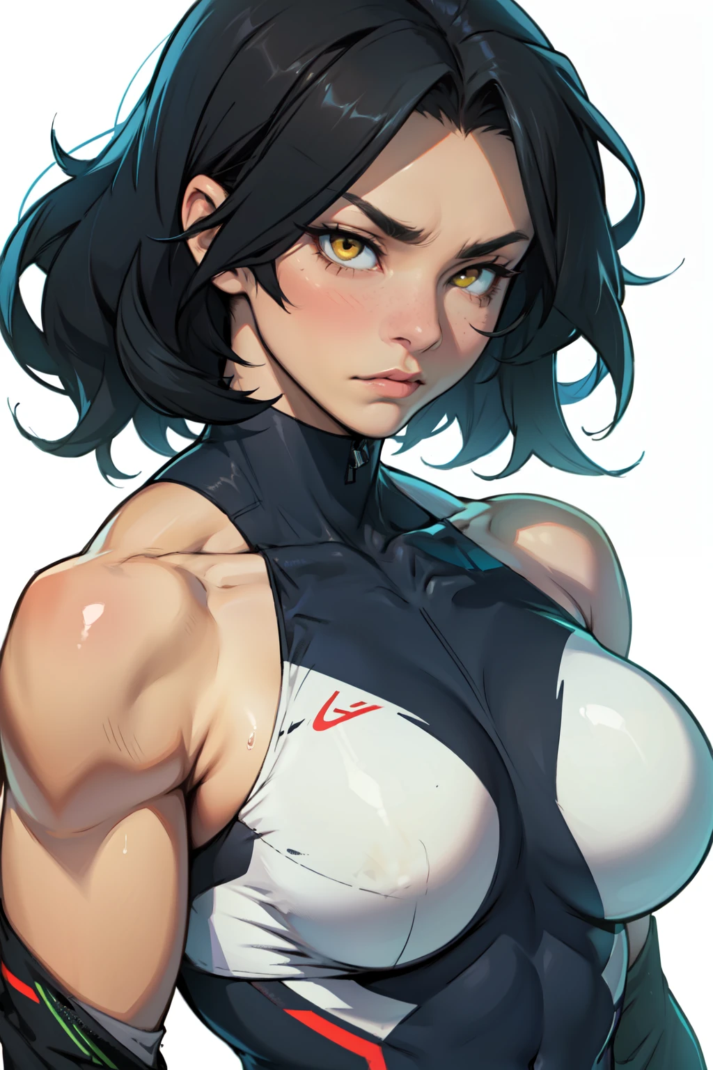 perfect female anatomy muscular girl big breasts empty eyes embarrassed black hair yellow eyes pale skin perfect female anatomy perfect female anatomy