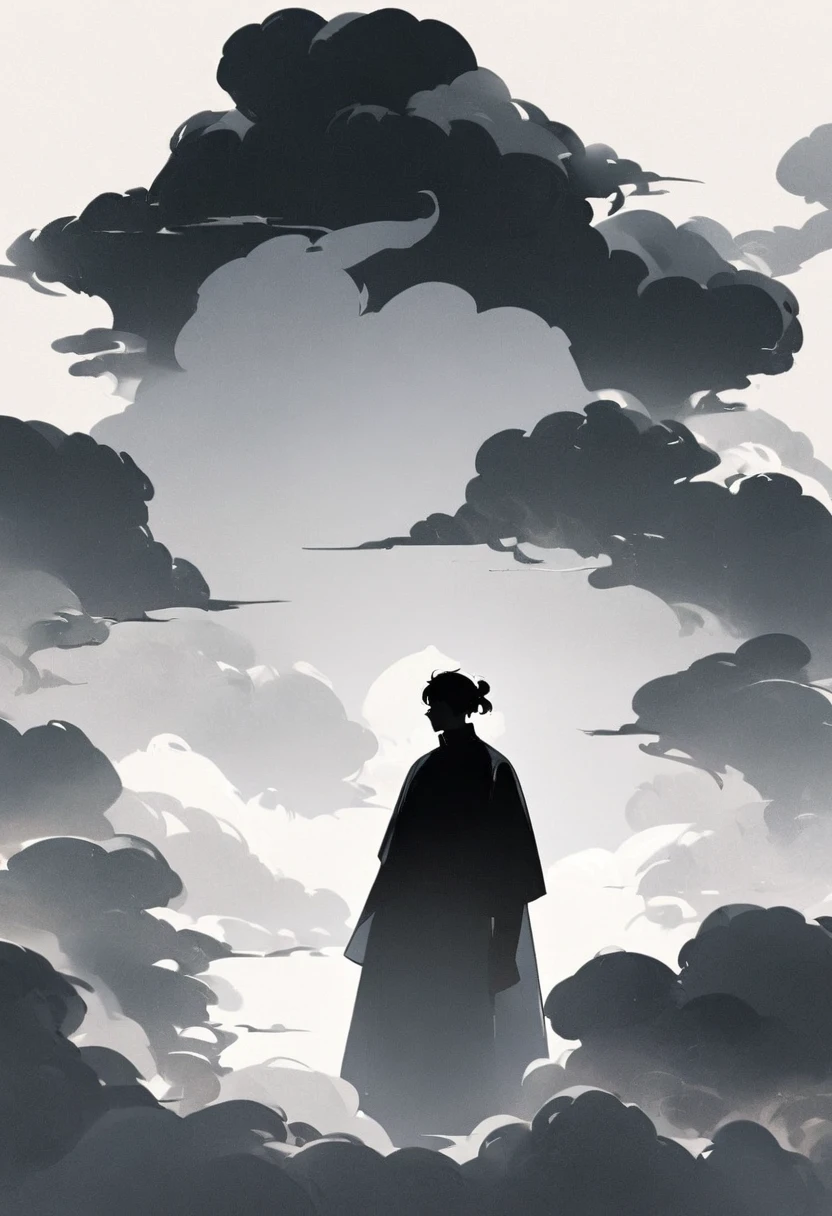 A man in black standing in the smoke,Blending into the smoke,Man silhouette,Chinese style,Black and White,Minimalist style