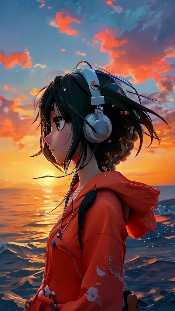 Sea view at night、anime、, Black Hair、,  Highest quality, headphone、ponytail, One girl, 