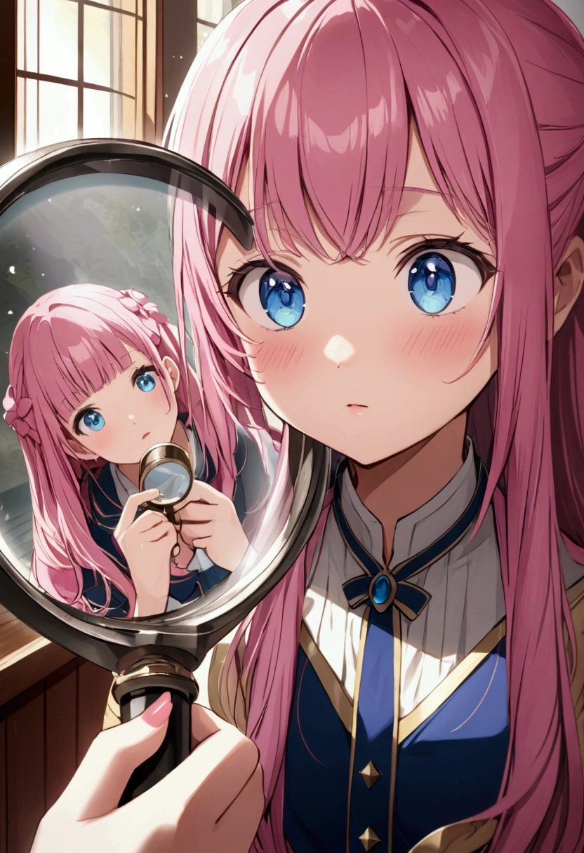 magnifying glass、Appraise、Girl with pink hair、blue eyes、Twin Drill、A scene from a movie