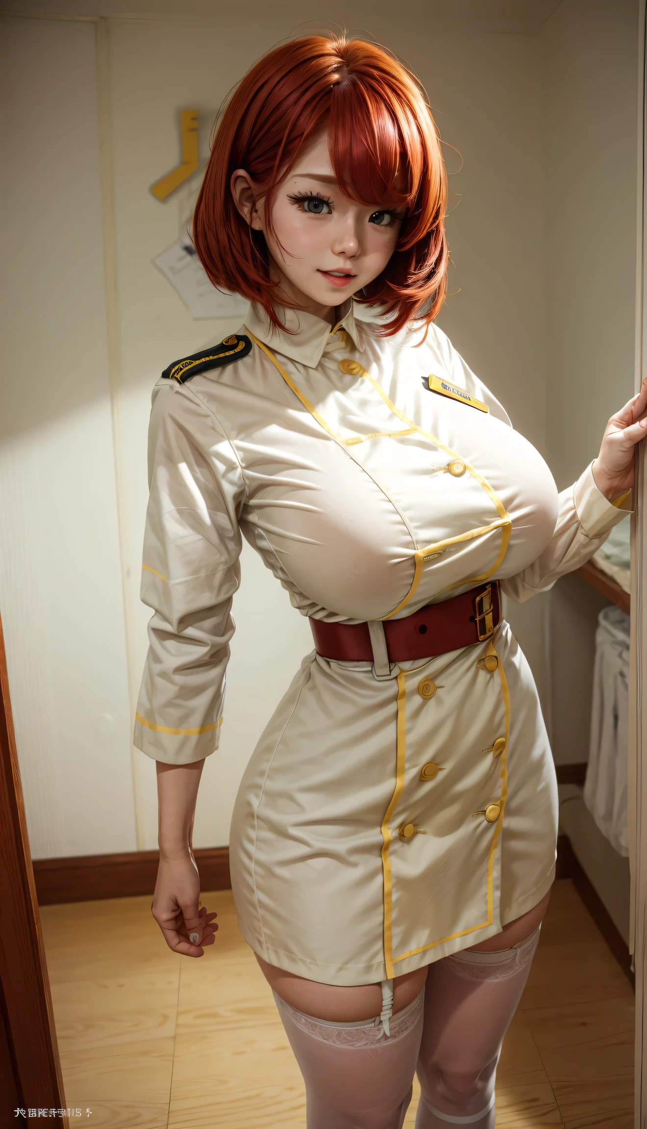 chris、25 years old、Redhead shortcuts、light yellow nurse's uniform、white stockings、having clipboard tall、beautiful woman, giga_busty
